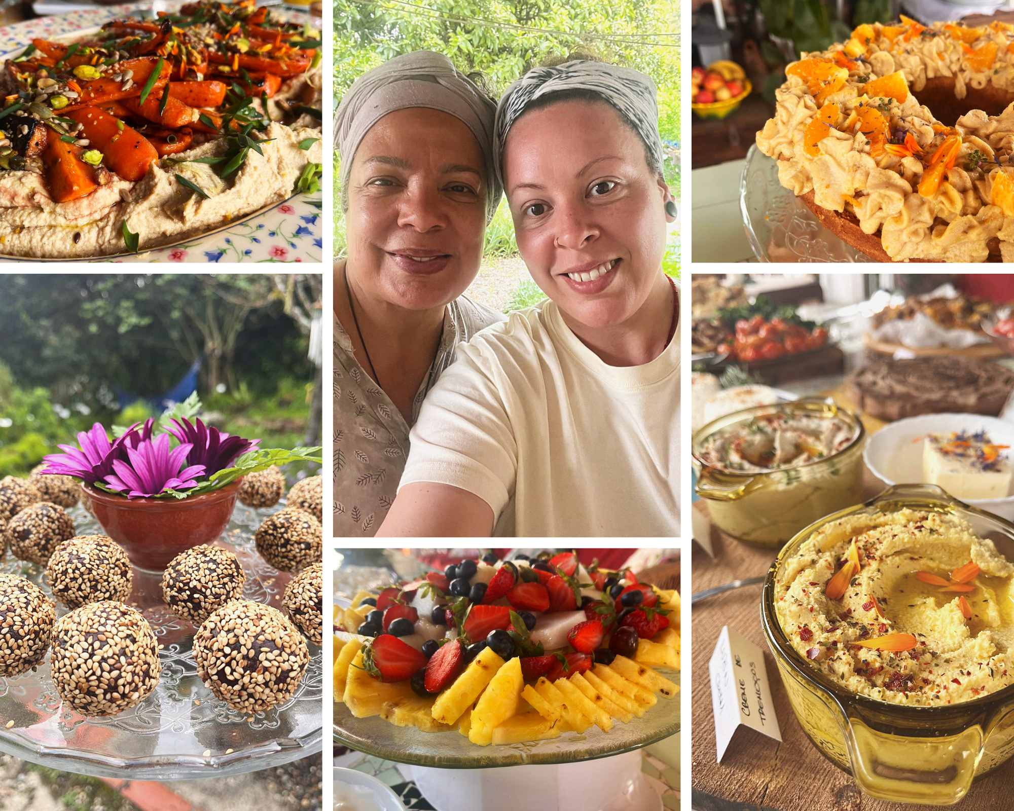 Colagem original do Maná Regenera com refeições vegetarianas e as duas responsáveis