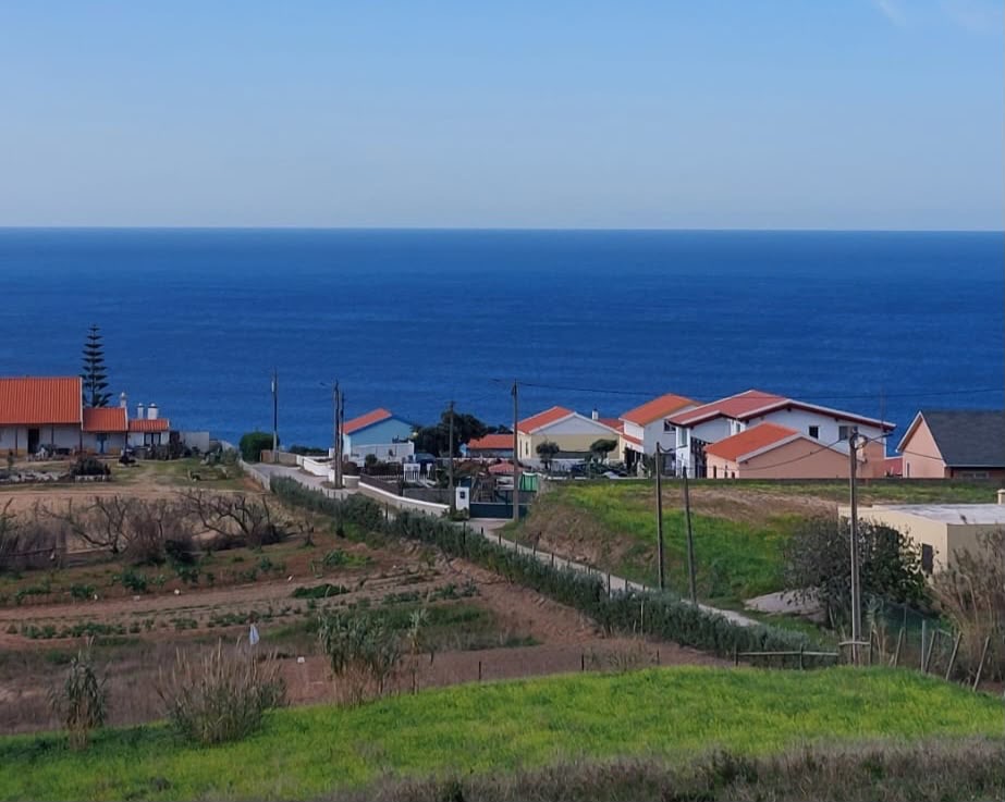 Paisagem com casas e vista sobre o oceano junto da Casa do Oeste