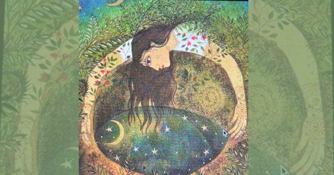 Ilustração de uma mulher abraçada à terra, sob um céu estrelado